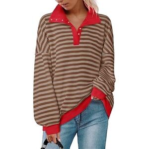 ZESICA Striped Pullover Sweatshirt Brown & Tan with Red Trim Size XL